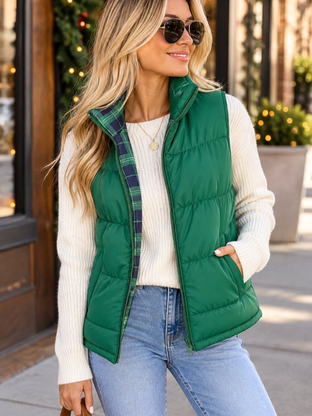 Merona Reversible Green Navy Plaid Puffer Vest Full Zip Preppy Size S